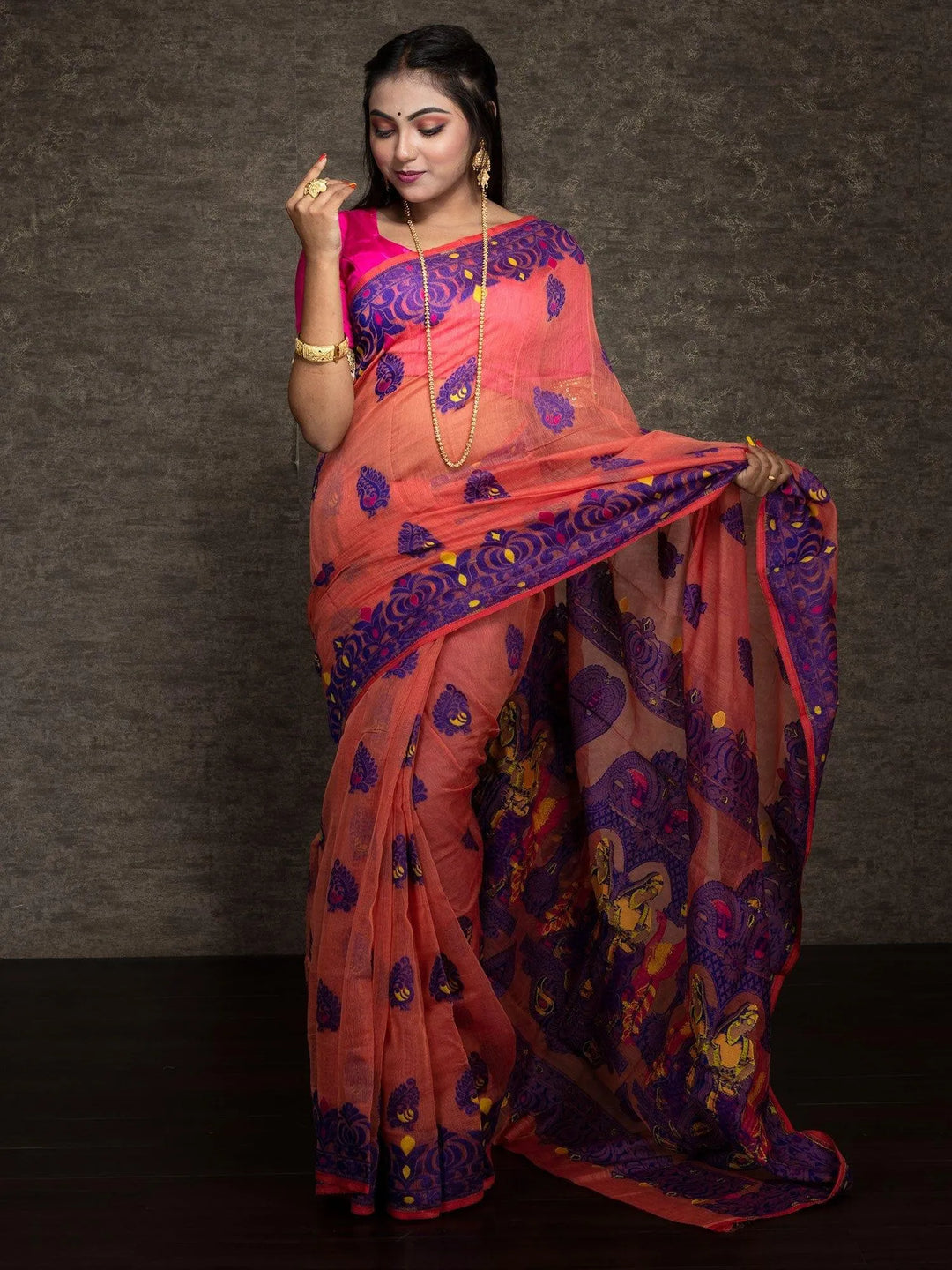 Wonderful Allover Orange Soft Dhakai Jamdani Saree - WeaversIndia