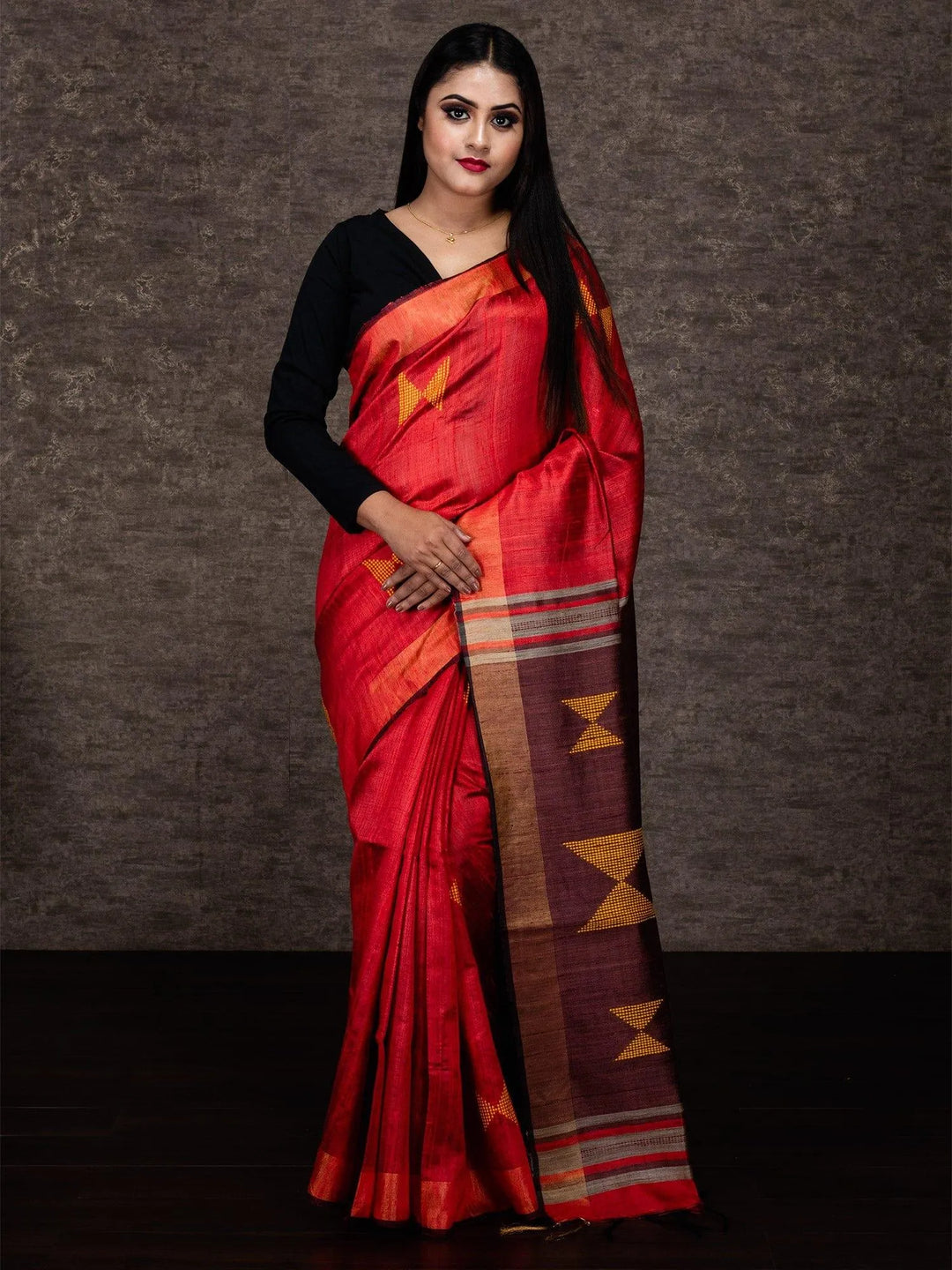 Wonderful Red Orange Dupion Silk Saree - WeaversIndia