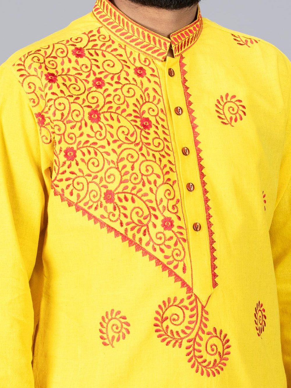 Yellow Handwoven Organic Cotton Embroidered Men Kurta - WeaversIndia