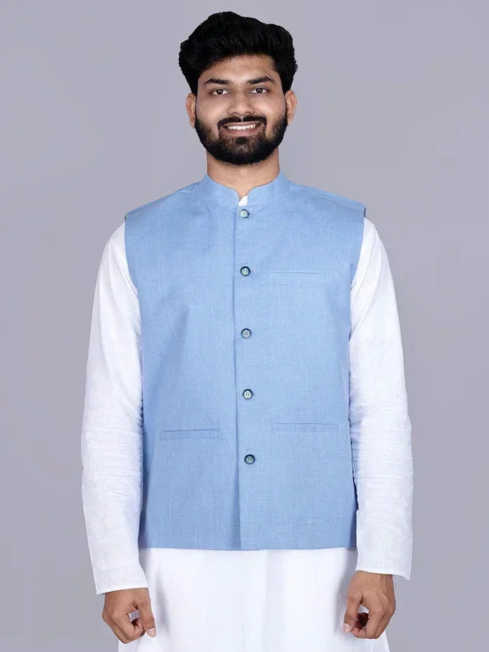Blue Solid Poly Cotton Modi Jacket - WeaversIndia