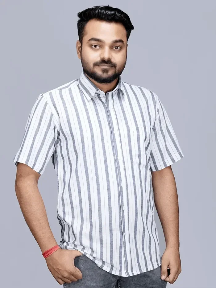 White Grey Striped Handwoven Organic Cotton Men Shirt - WeaversIndia