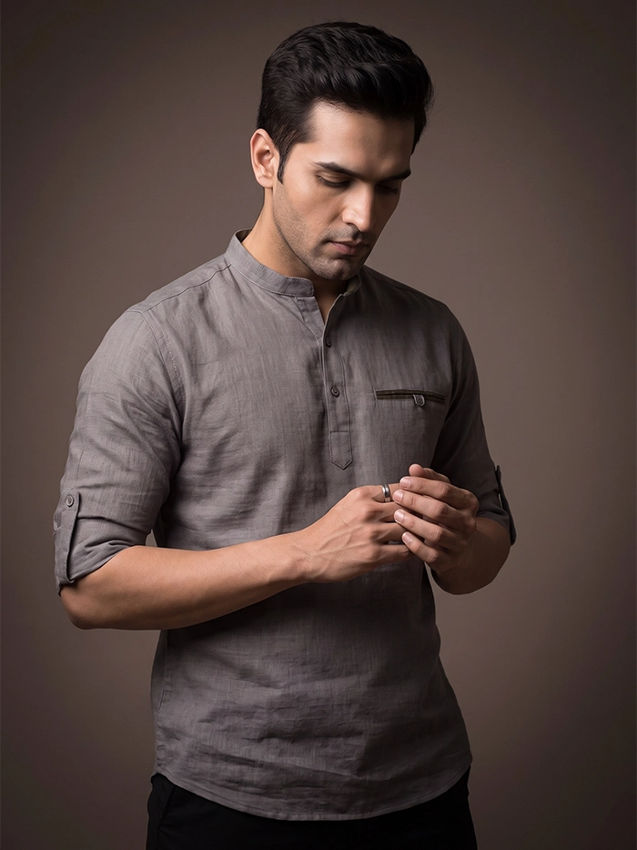 Slate Grey Slab Cotton Full Sleeves Men Short Kurta
