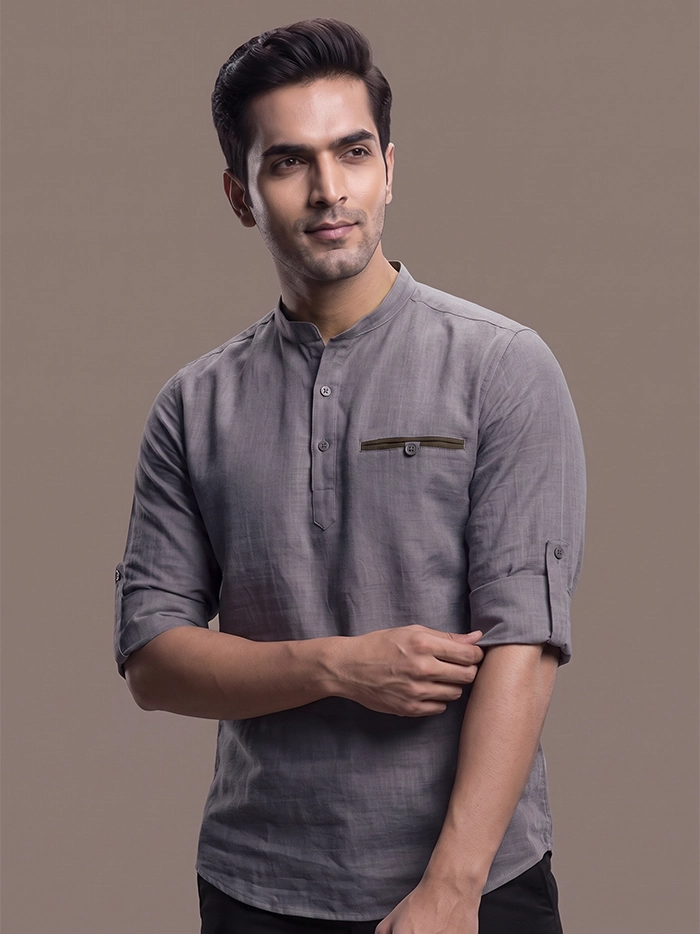 Slate Grey Slab Cotton Full Sleeves Men Short Kurta
