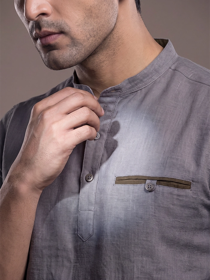Slate Grey Slab Cotton Full Sleeves Men Short Kurta