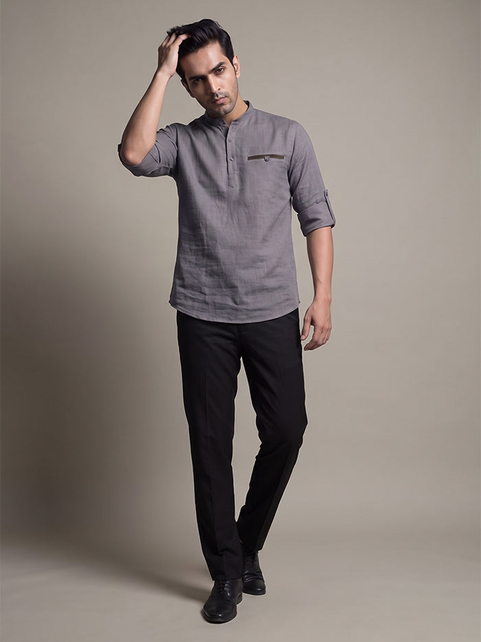 Slate Grey Slab Cotton Full Sleeves Men Short Kurta