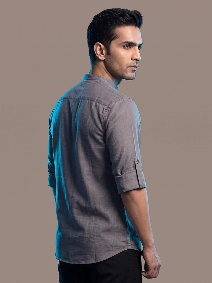 Slate Grey Slab Cotton Full Sleeves Men Short Kurta