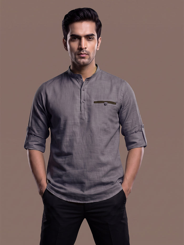 Slate Grey Slab Cotton Full Sleeves Men Short Kurta