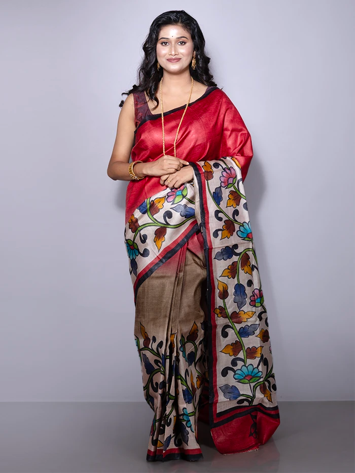 Elegant Red Par Anchal Hand Painted Tussar Silk Saree