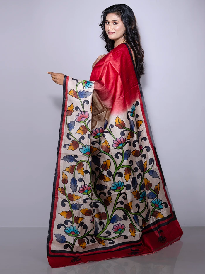 Elegant Red Par Anchal Hand Painted Tussar Silk Saree