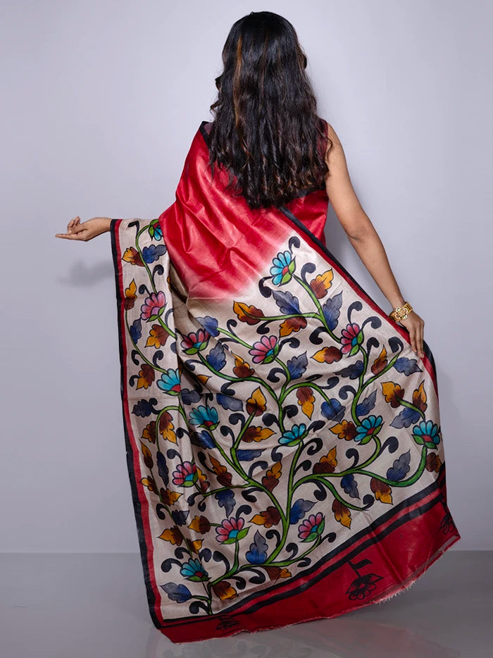 Elegant Red Par Anchal Hand Painted Tussar Silk Saree