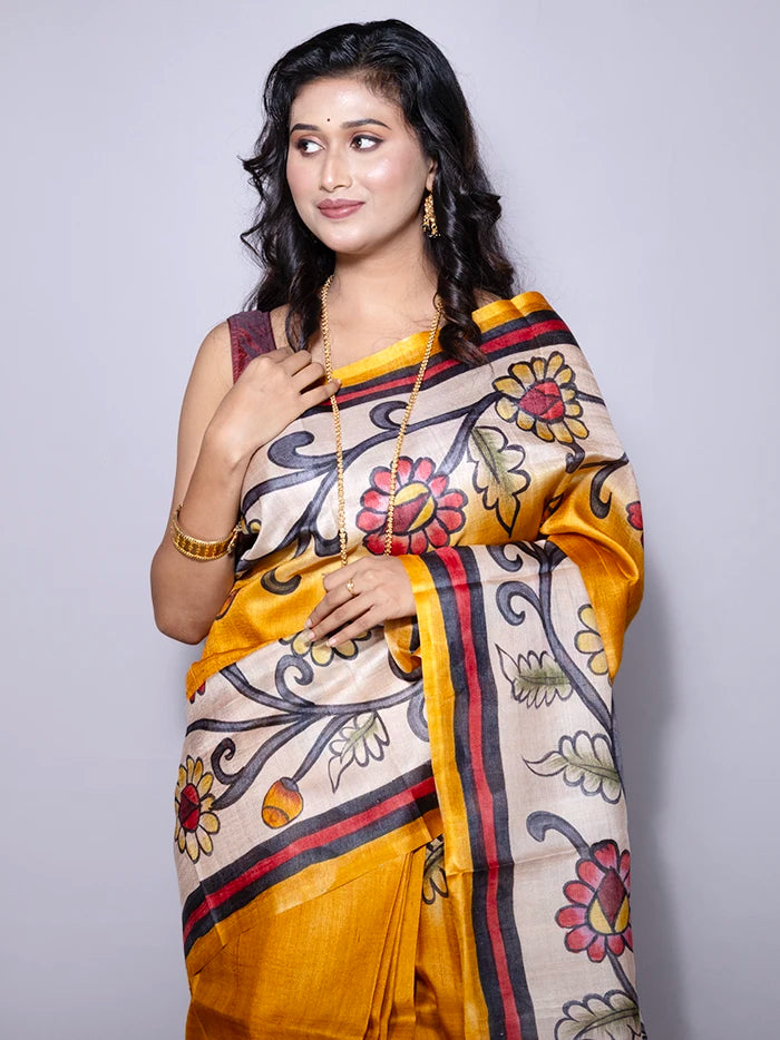 Elegant Mustrad Par Anchal Hand Painted Tussar Silk Saree