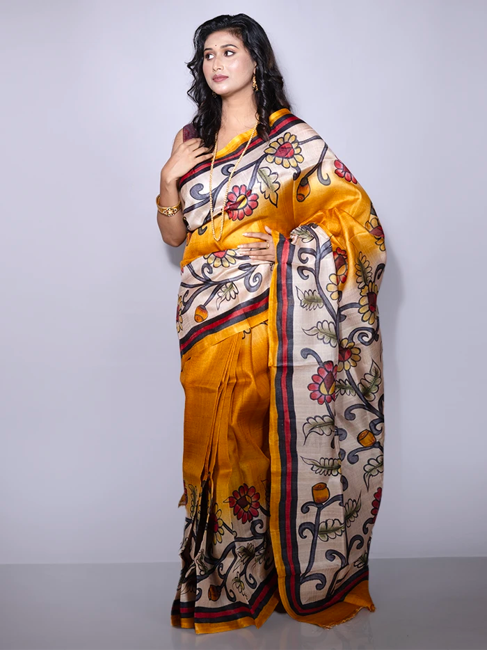 Elegant Mustrad Par Anchal Hand Painted Tussar Silk Saree