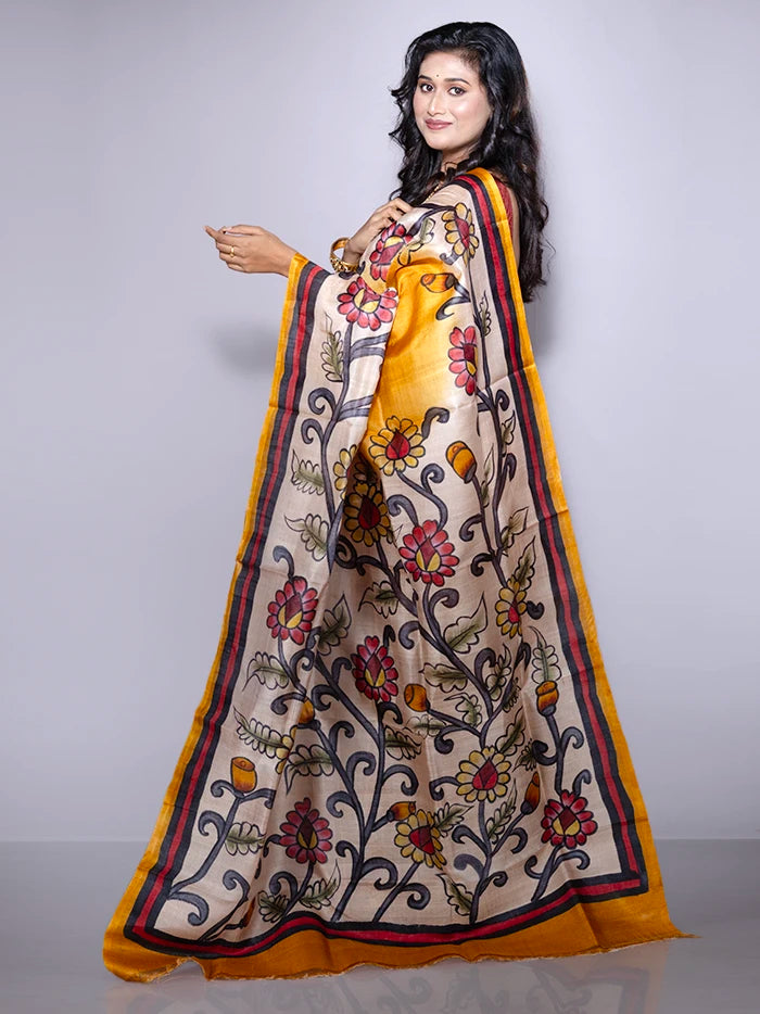 Elegant Mustrad Par Anchal Hand Painted Tussar Silk Saree