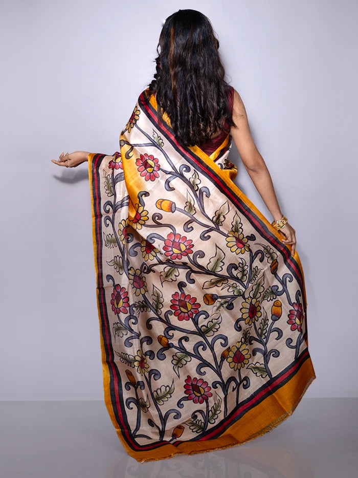 Elegant Mustrad Par Anchal Hand Painted Tussar Silk Saree