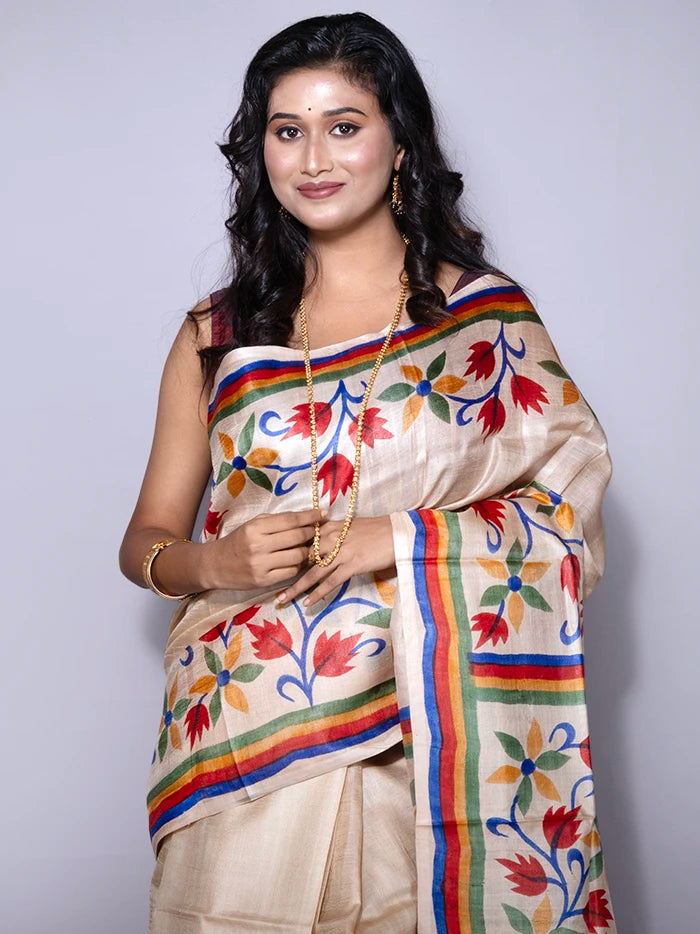 Elegant Par Anchal Hand Painted Tussar Silk Saree