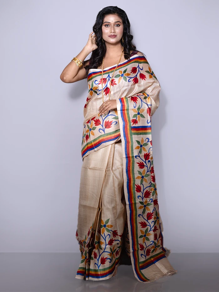 Elegant Par Anchal Hand Painted Tussar Silk Saree