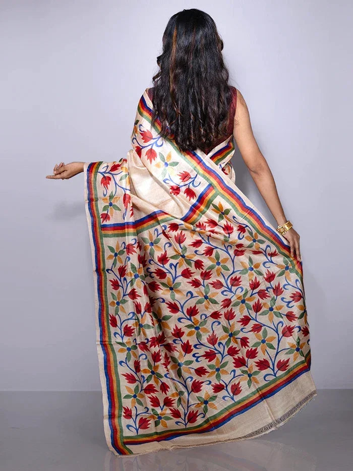 Elegant Par Anchal Hand Painted Tussar Silk Saree