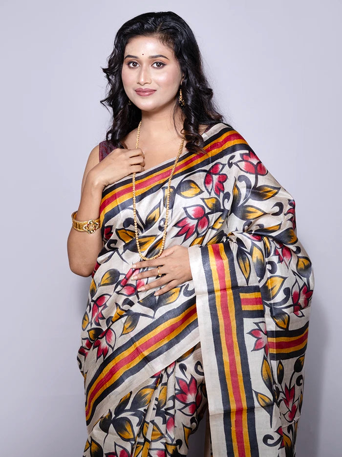 Elegant Allover Hand Painted Tussar Silk Saree