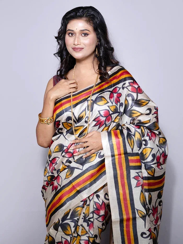 Elegant Allover Hand Painted Tussar Silk Saree