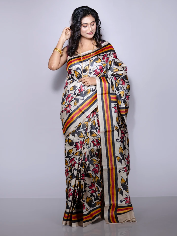 Elegant Allover Hand Painted Tussar Silk Saree