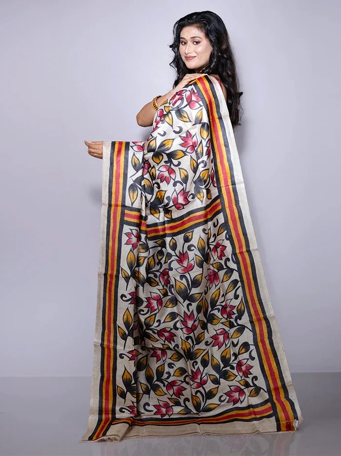 Elegant Allover Hand Painted Tussar Silk Saree