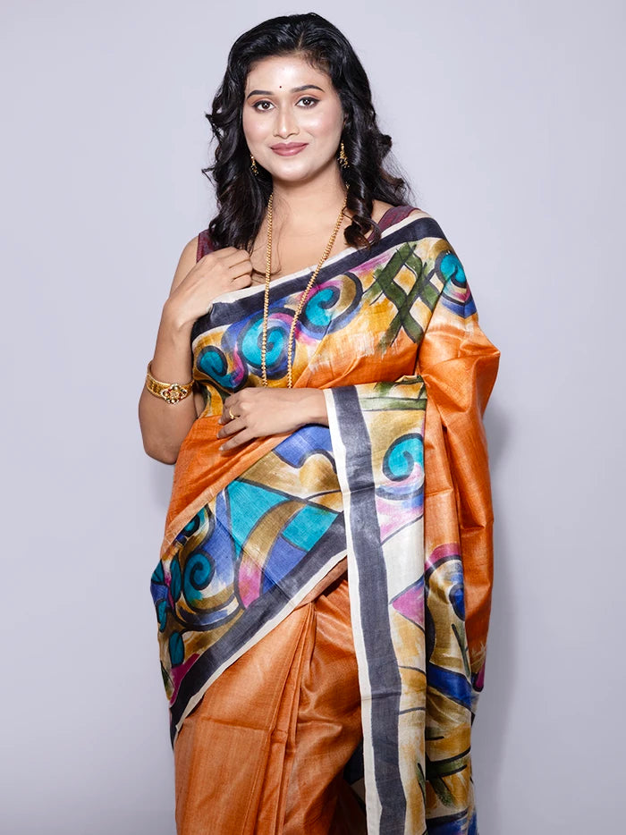 Elegant Par Anchal Hand Painted Tussar Silk Saree