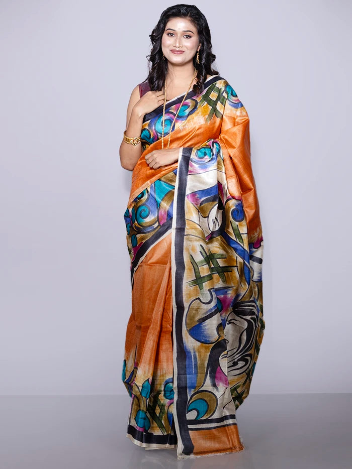 Elegant Par Anchal Hand Painted Tussar Silk Saree