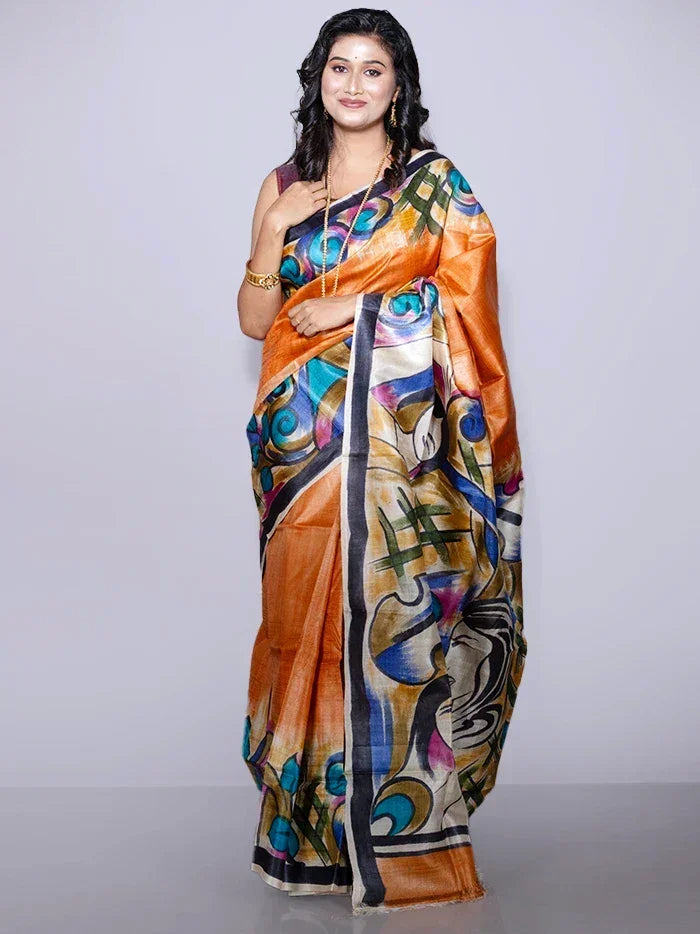 Elegant Par Anchal Hand Painted Tussar Silk Saree