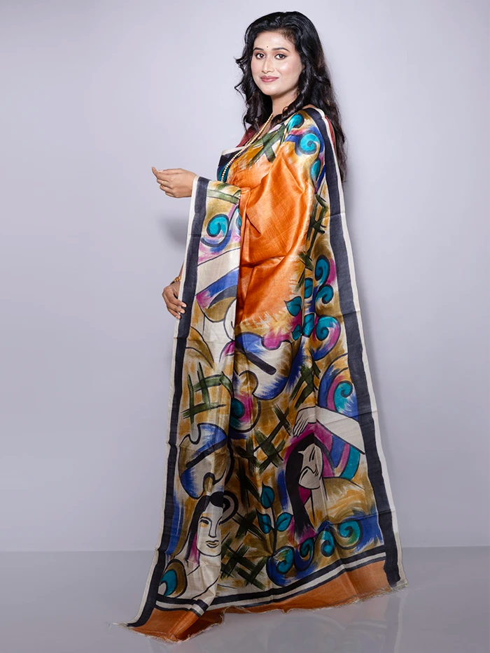Elegant Par Anchal Hand Painted Tussar Silk Saree