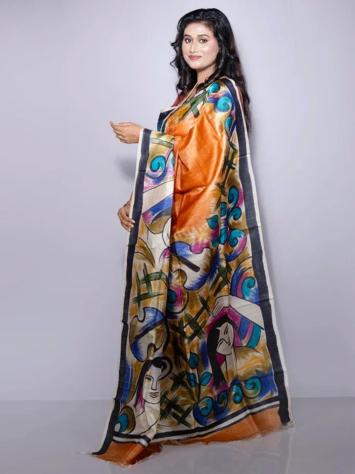 Elegant Par Anchal Hand Painted Tussar Silk Saree