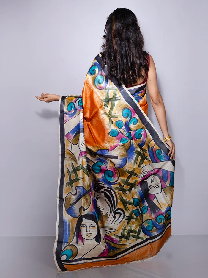 Elegant Par Anchal Hand Painted Tussar Silk Saree