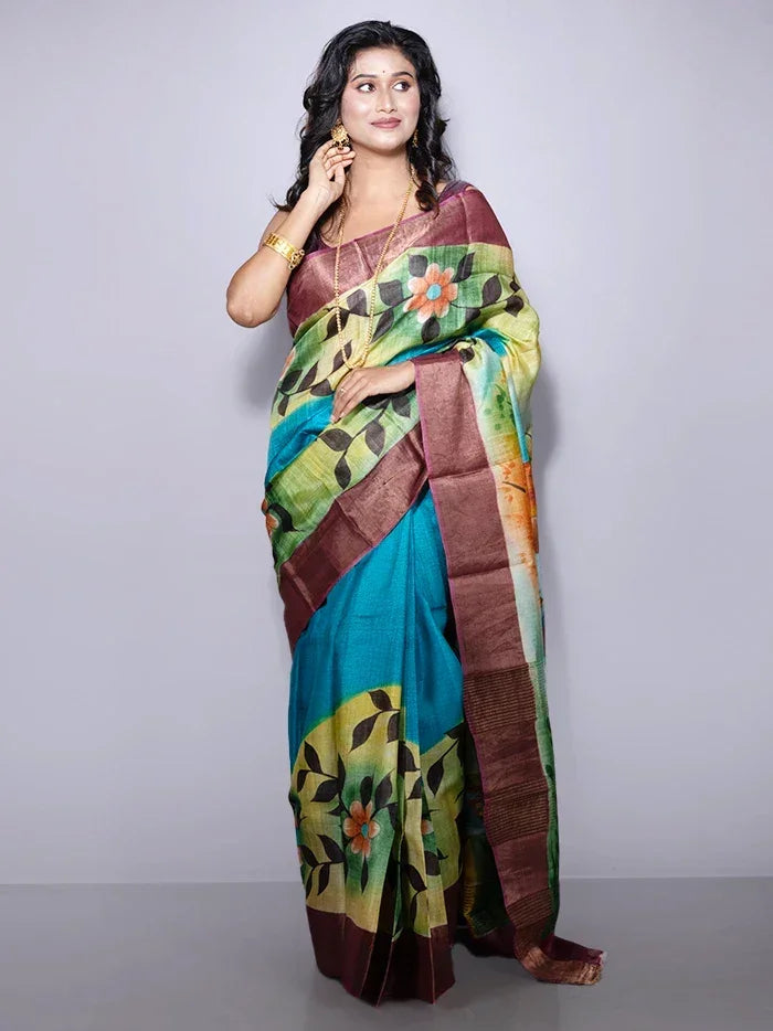 Elegant Par Anchal Hand Painted Tussar Silk Saree
