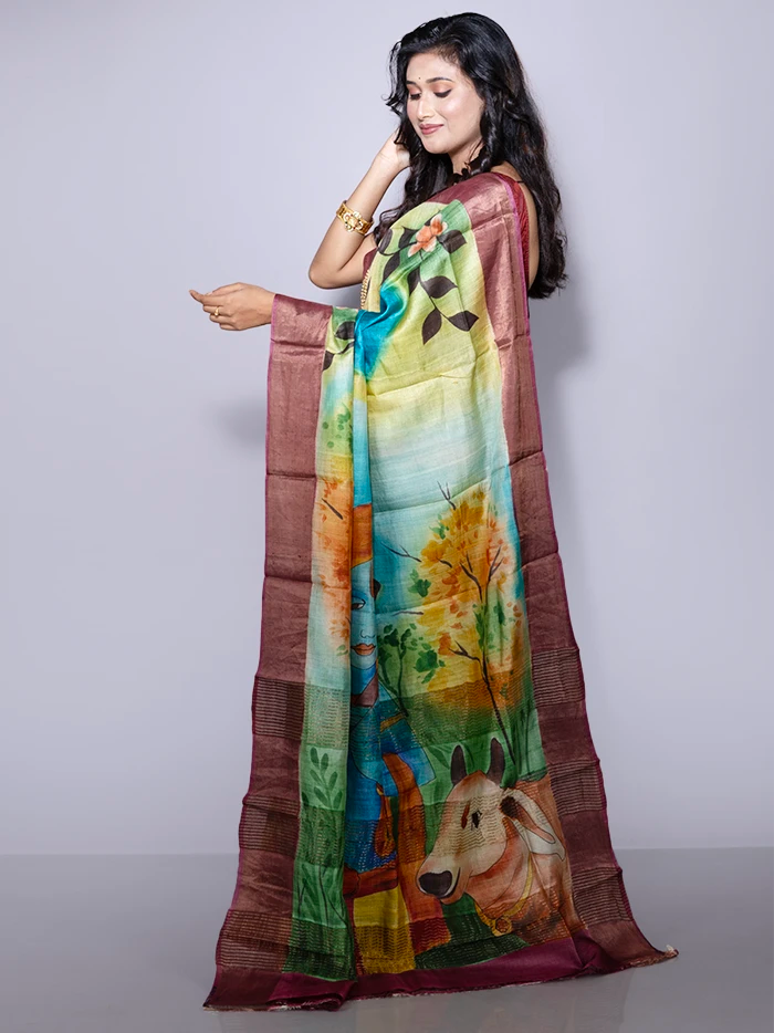 Elegant Par Anchal Hand Painted Tussar Silk Saree