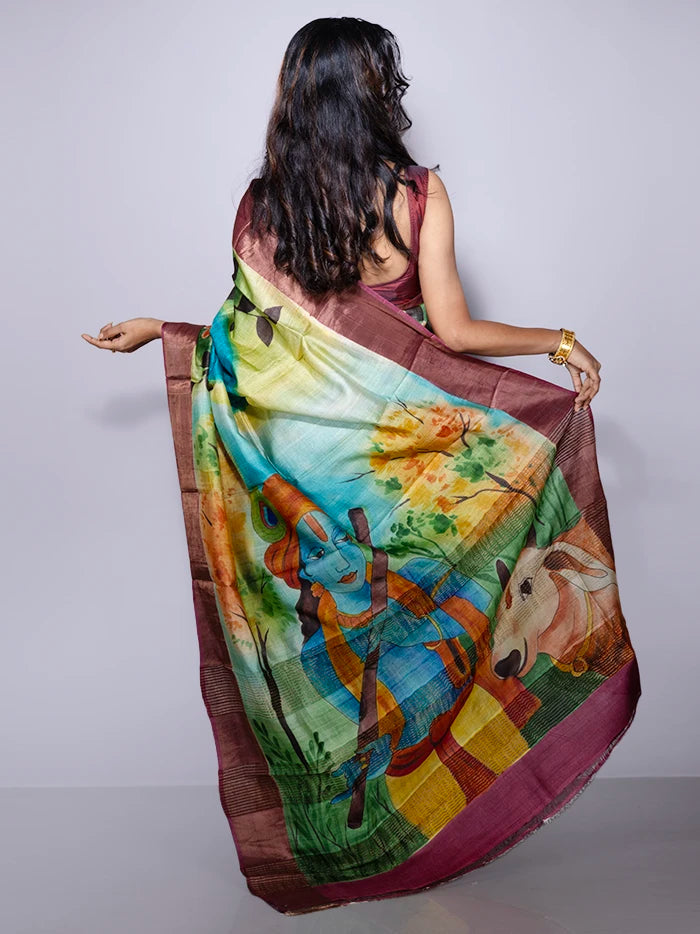 Elegant Par Anchal Hand Painted Tussar Silk Saree