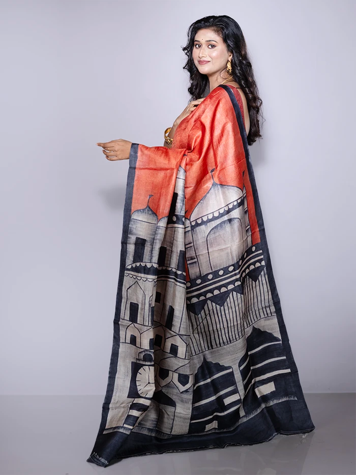 Elegant Par Anchal Hand Painted Tussar Silk Saree