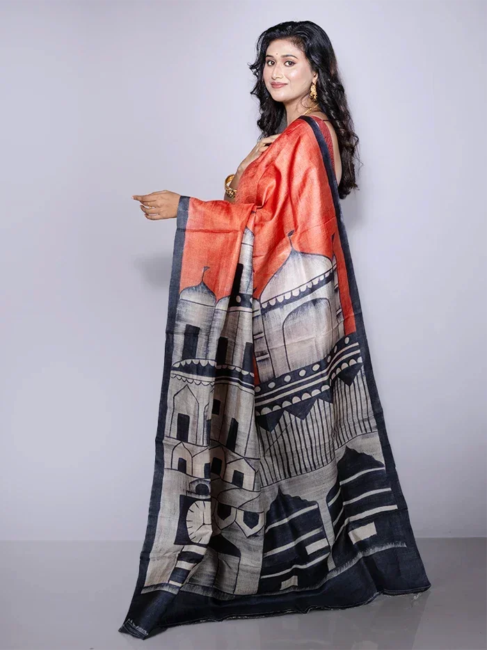 Elegant Par Anchal Hand Painted Tussar Silk Saree