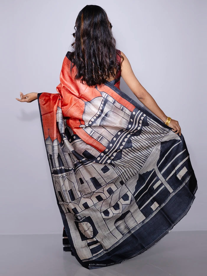 Elegant Par Anchal Hand Painted Tussar Silk Saree