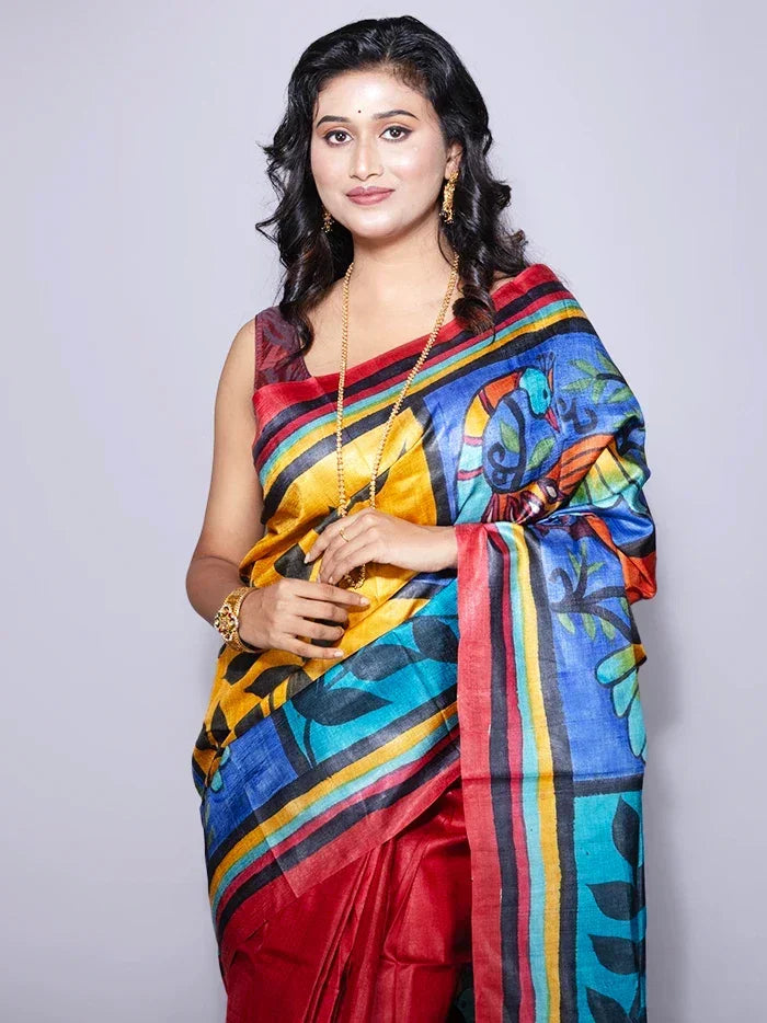 Elegant Par Anchal Hand Painted Tussar Silk Saree