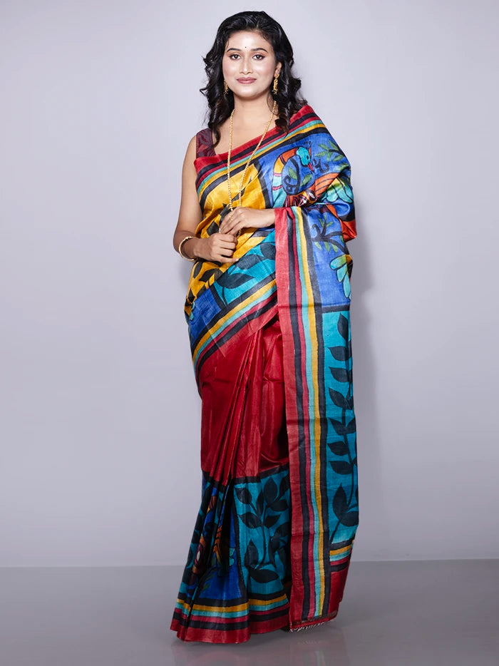 Elegant Par Anchal Hand Painted Tussar Silk Saree
