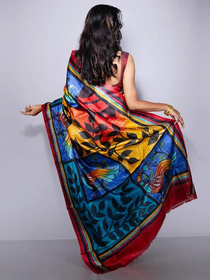 Elegant Par Anchal Hand Painted Tussar Silk Saree