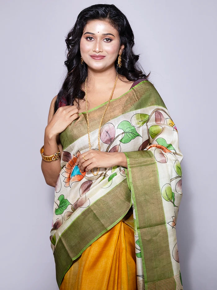 Elegant Par Anchal Hand Painted Tussar Silk Saree