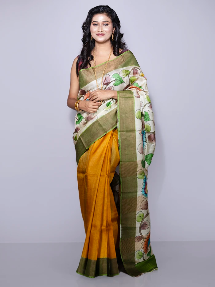 Elegant Par Anchal Hand Painted Tussar Silk Saree