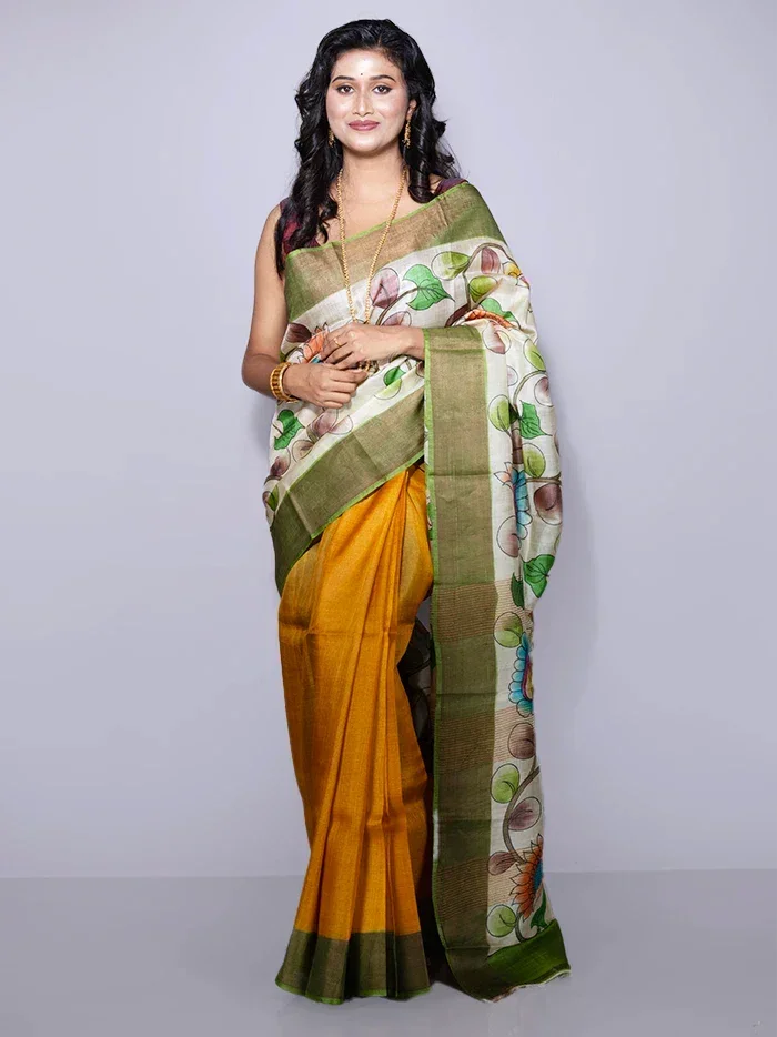 Elegant Par Anchal Hand Painted Tussar Silk Saree