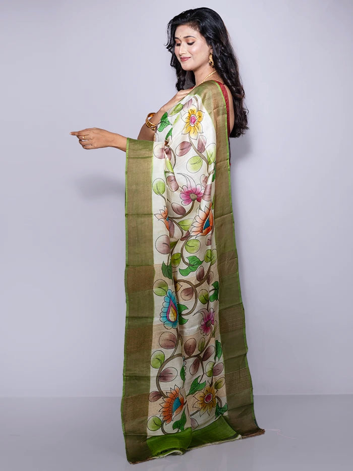 Elegant Par Anchal Hand Painted Tussar Silk Saree