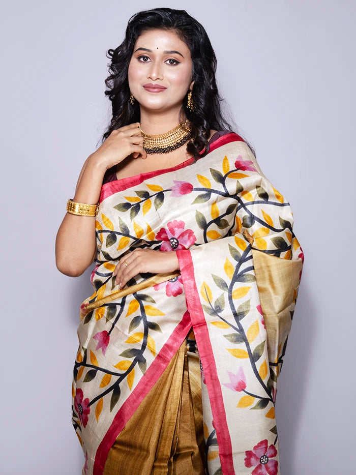 Elegant Brown Par Anchal Hand Painted Tussar Silk Saree