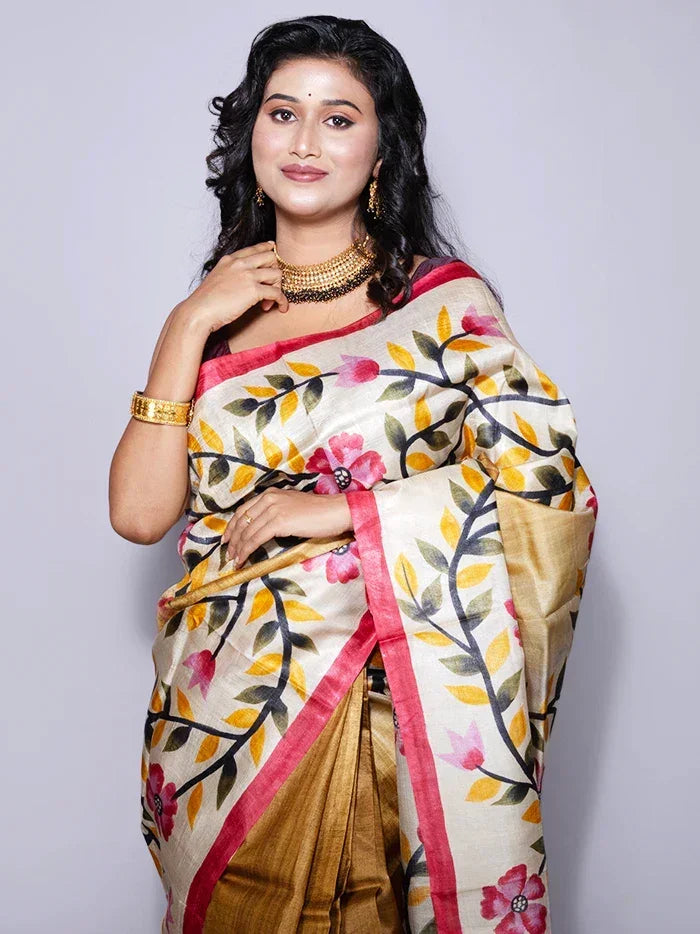 Elegant Brown Par Anchal Hand Painted Tussar Silk Saree