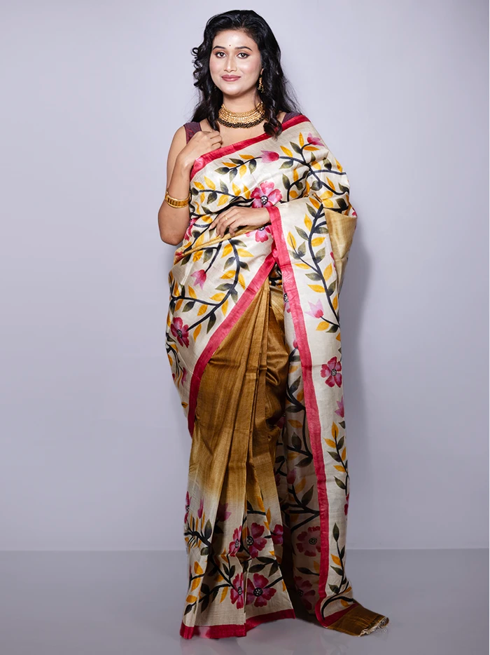 Elegant Brown Par Anchal Hand Painted Tussar Silk Saree