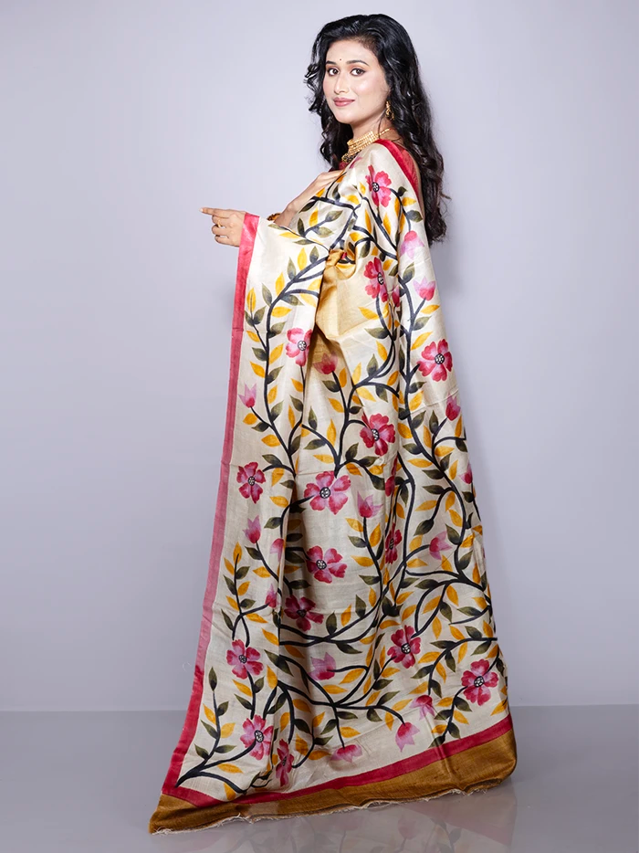 Elegant Brown Par Anchal Hand Painted Tussar Silk Saree