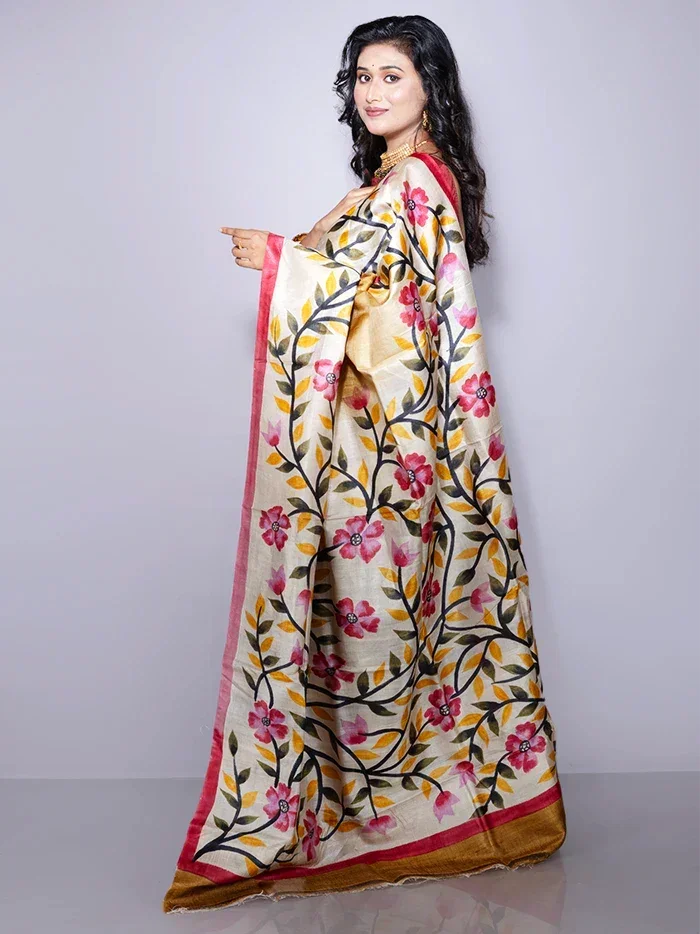 Elegant Brown Par Anchal Hand Painted Tussar Silk Saree
