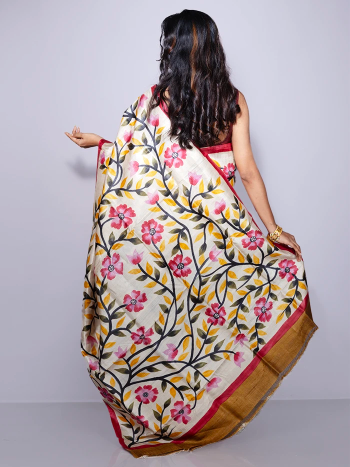 Elegant Brown Par Anchal Hand Painted Tussar Silk Saree
